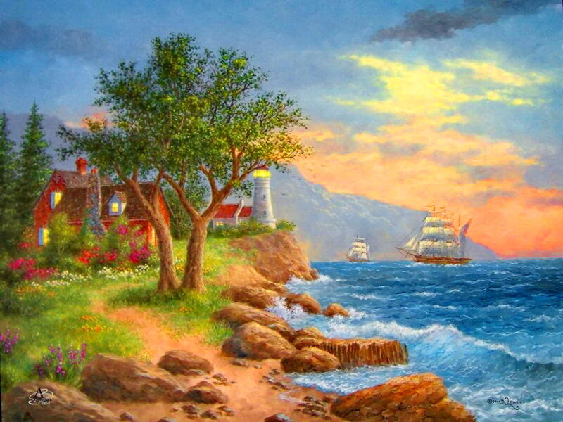Lighthouse by the Sea — Blue, Serene, Sunset