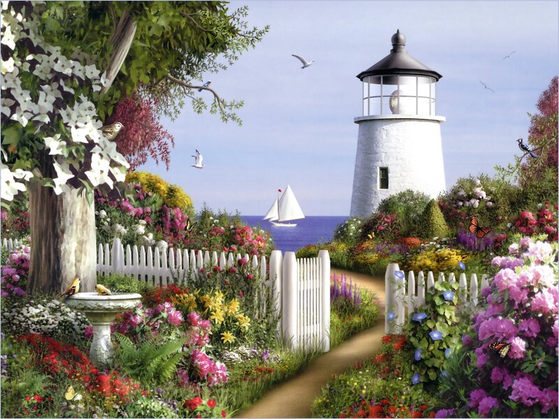 Lighthouse Garden Path — White, Serene, Afternoon, Illustration
