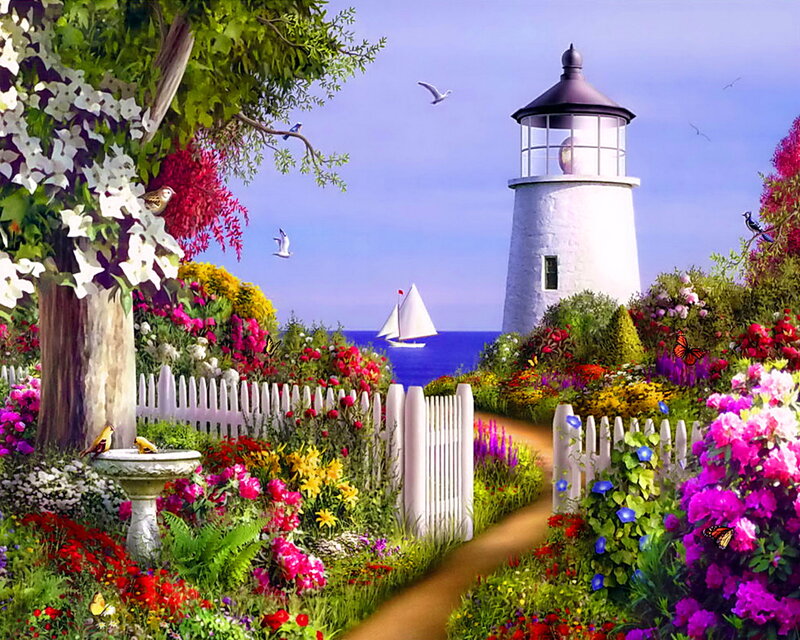 Lighthouse Garden Path — White, Serene, Afternoon