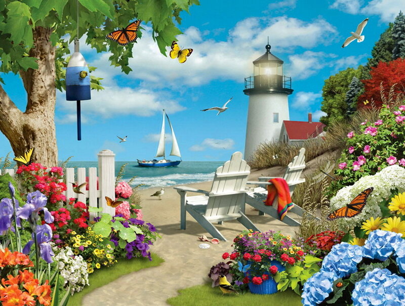 Lighthouse Garden Scene — Blue