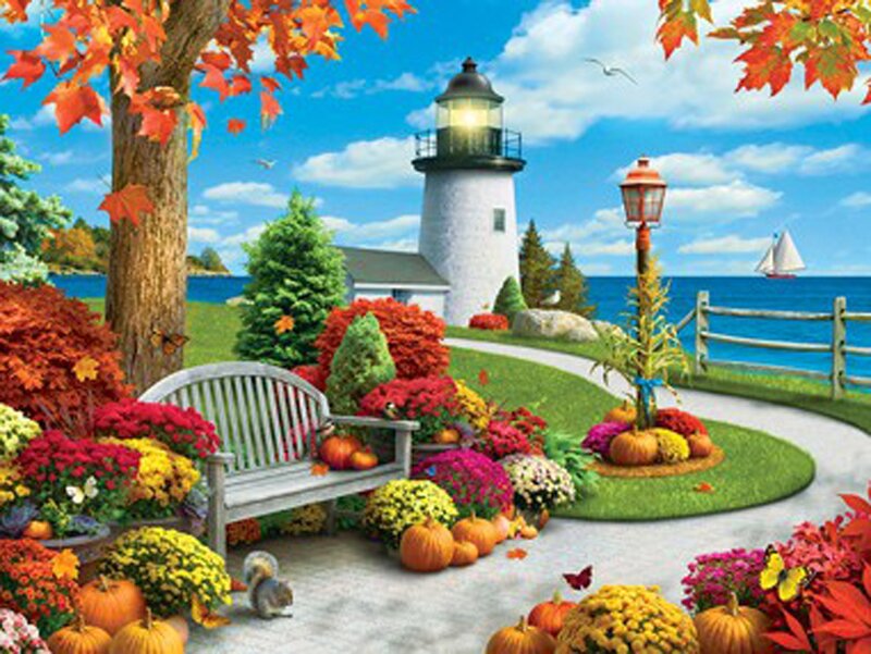 Lighthouse in Autumn Garden