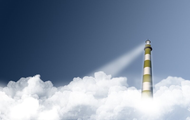 Lighthouse in Clouds — Blue, Dramatic, Digital Art, Beam of Light, White