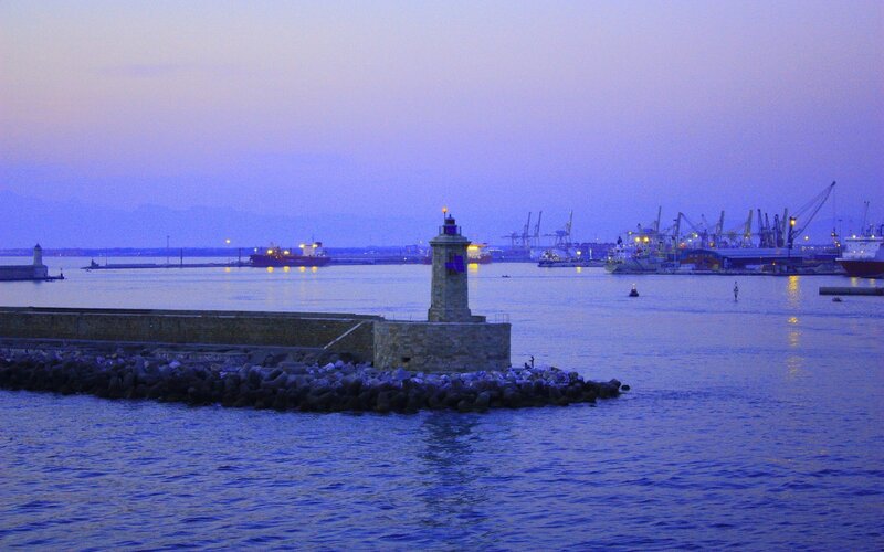 Lighthouse in Harbor — Blue, Serene