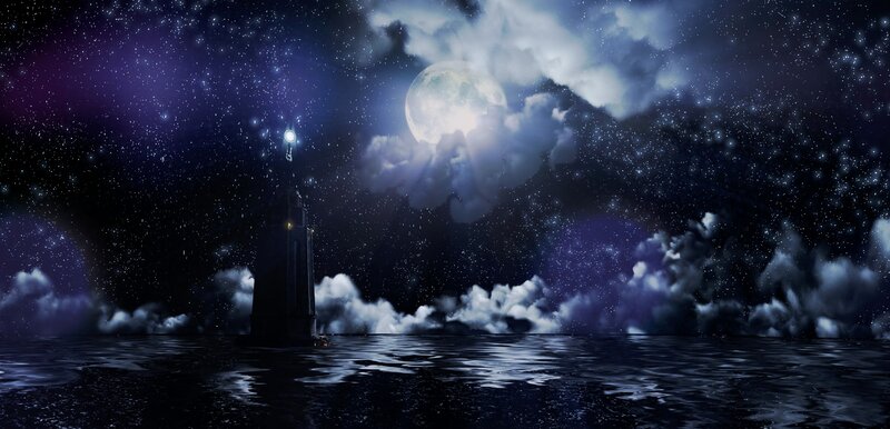Lighthouse in Ocean — Blue, Dramatic, Night
