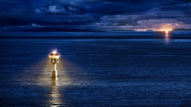 Lighthouse in Ocean — Blue, Dramatic