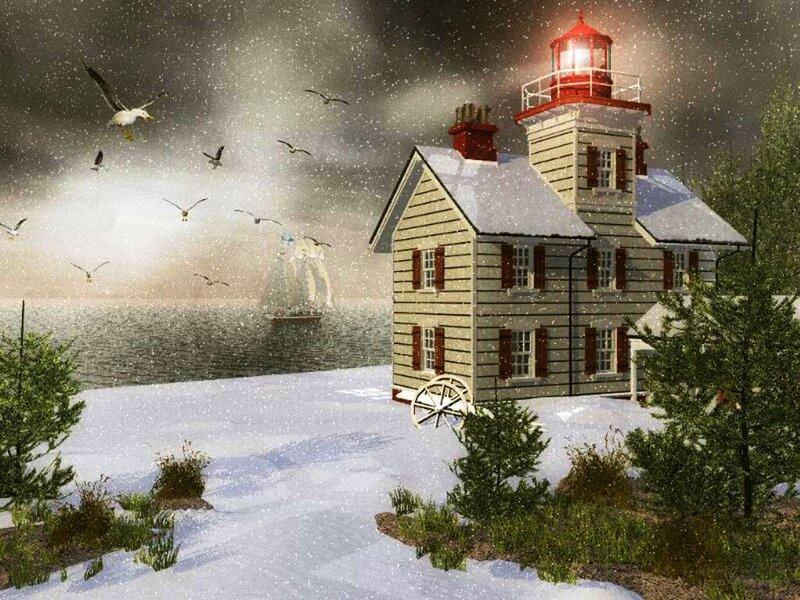 Lighthouse in Snow — White, Dramatic