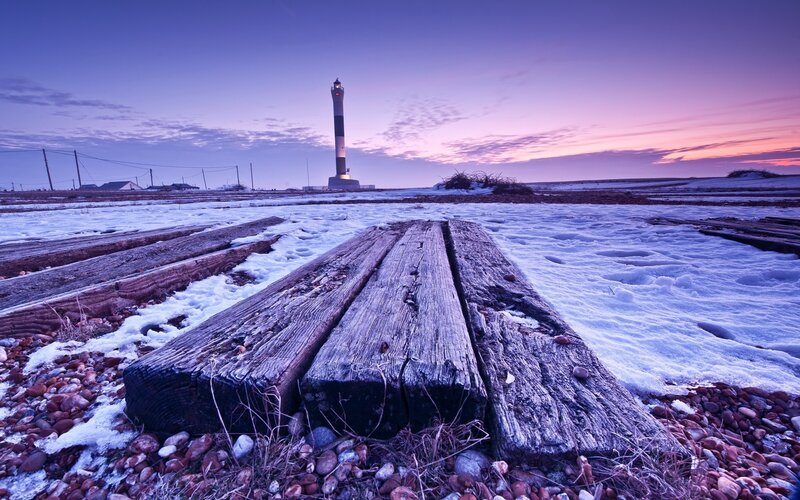 Lighthouse in Snowy Field — Purple, Serene
