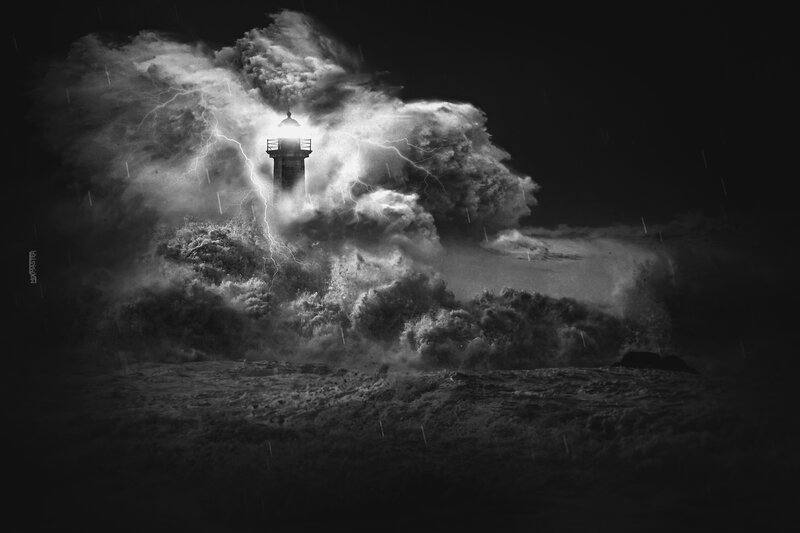 Lighthouse in Storm — Black, Dramatic, Night