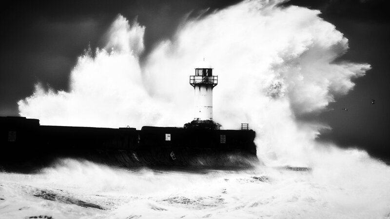 Lighthouse in Storm — Black, Dramatic, Photograph