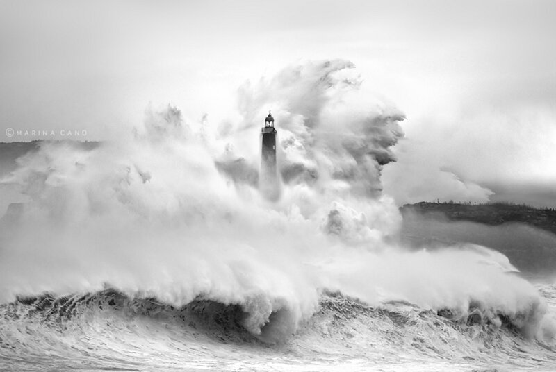 Lighthouse in Storm — Black, Dramatic, Photograph, Waves