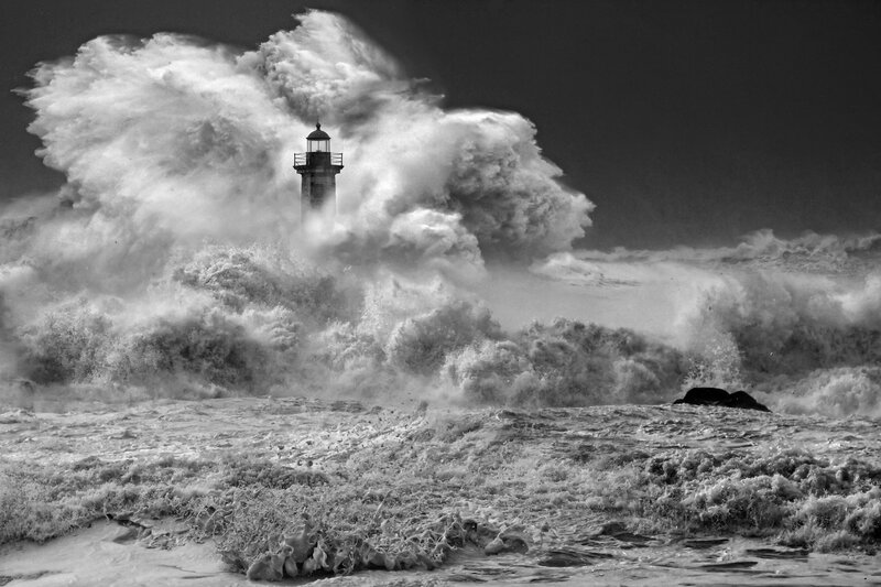 Lighthouse in Storm — Black, Dramatic