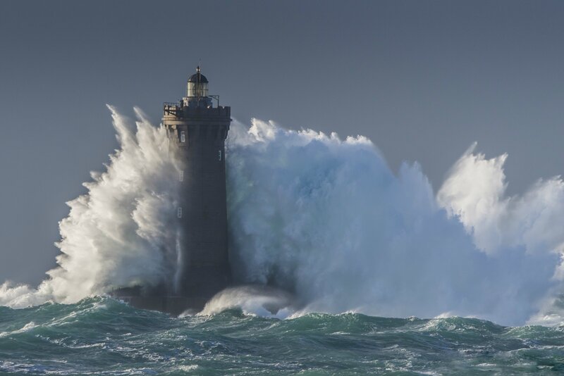 Lighthouse in Storm — Blue, Dramatic, Afternoon
