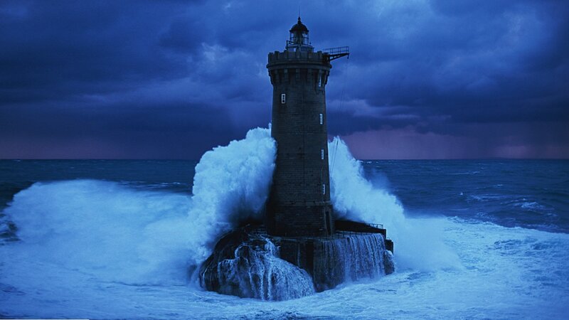 Lighthouse in Storm — Blue, Dramatic, Night, Photograph, Ocean