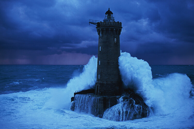 Lighthouse in Storm — Blue, Dramatic, Night, Photograph, Ocean, Waves, Sky