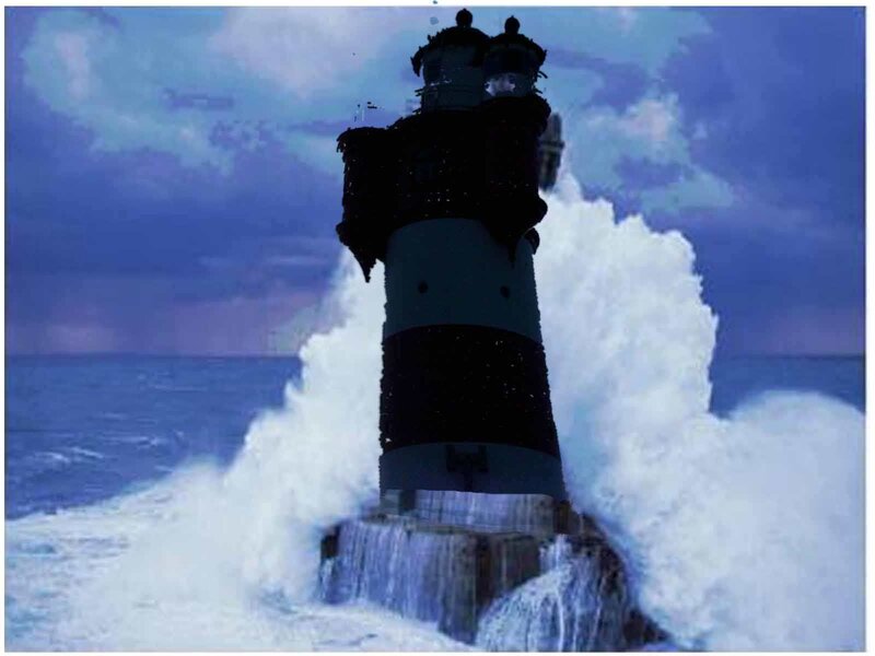 Lighthouse in Storm — Blue, Dramatic, Night, Photograph