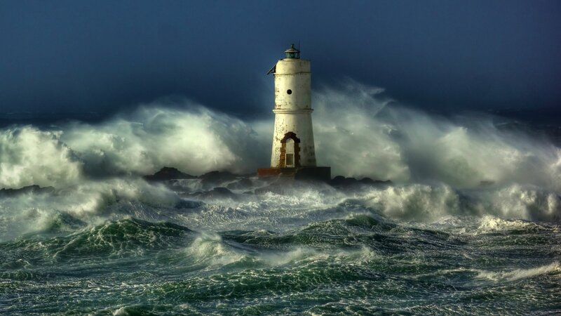 Lighthouse in Storm — Blue, Dramatic, Night, Photograph, Waves, Ocean