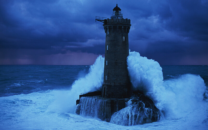 Lighthouse in Storm — Blue, Dramatic, Night
