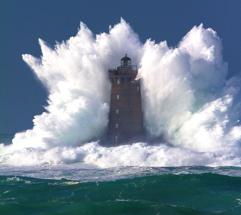 Lighthouse in Storm — Blue, Dramatic, Photograph, Ocean