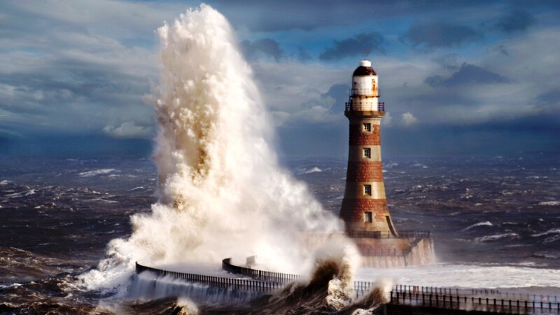 Lighthouse in Storm — Blue, Dramatic, Photograph