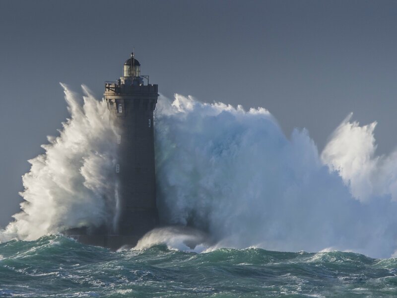 Lighthouse in Storm — Blue, Dramatic, Photograph, Wave, Ocean