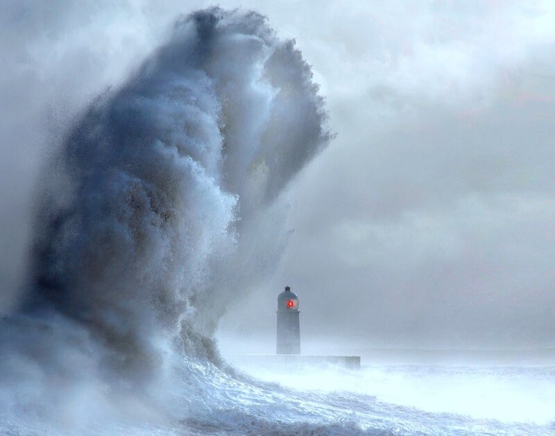 Lighthouse in Storm — Blue, Dramatic, Photograph, Wave
