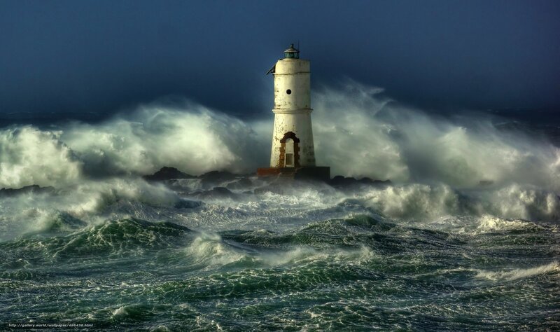 Lighthouse in Storm — Blue, Dramatic, Photograph, Waves, Ocean