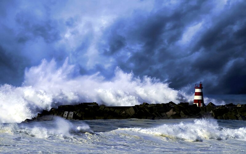 Lighthouse in Storm — Blue, Dramatic, Photograph, Waves