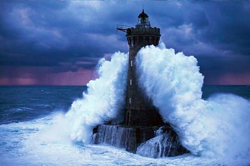 Lighthouse in Storm — Blue, Dramatic