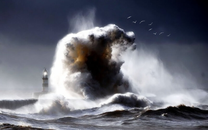 Lighthouse in Storm — Dark Blue, Dramatic