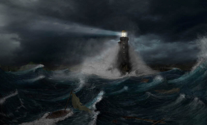 Lighthouse in Storm — Dark Blue