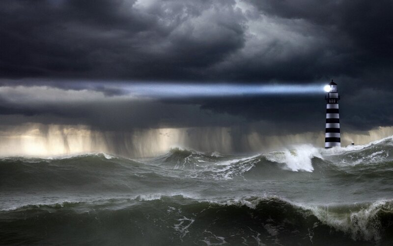 Lighthouse in Storm — Gray, Dramatic, Night, Digital Art, Ocean