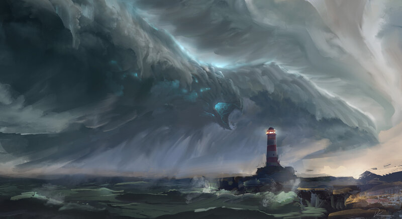 Lighthouse in Storm — Gray, Dramatic, Night, Digital Art, Ocean, Wave