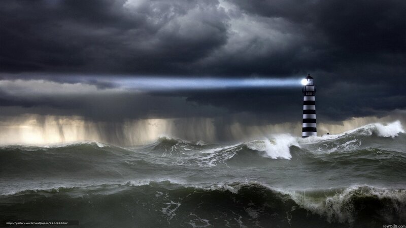 Lighthouse in Storm — Gray, Dramatic, Night, Digital Art, Storm Clouds