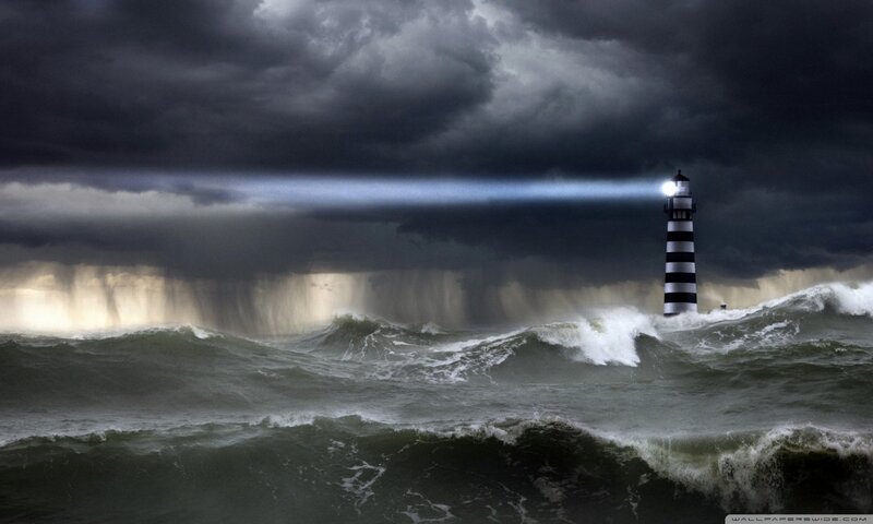 Lighthouse in Storm — Gray, Dramatic, Night, Digital Art