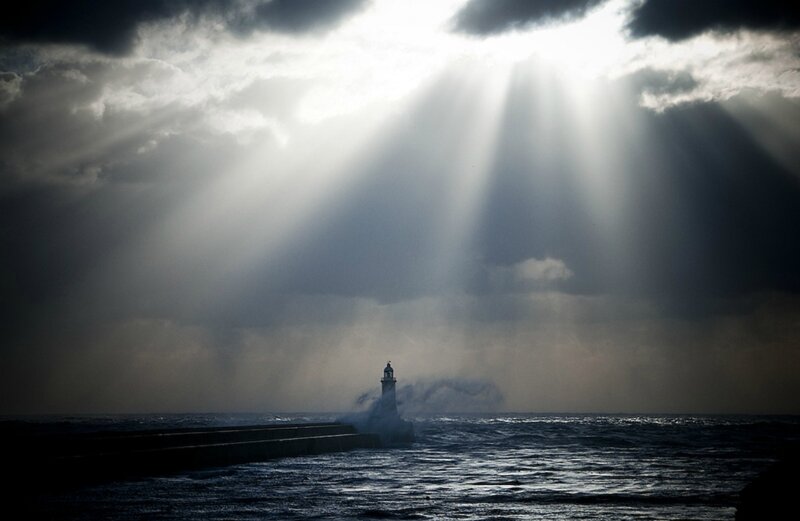Lighthouse in Storm — Gray, Dramatic, Night, Photograph