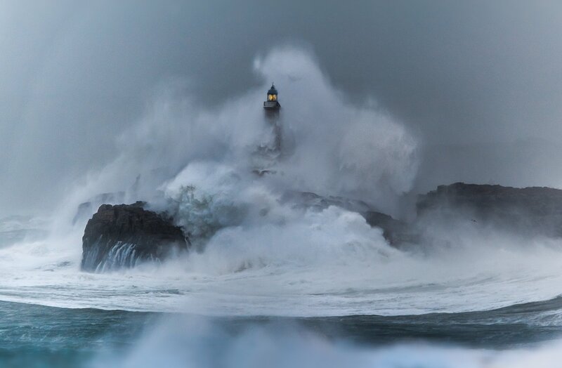Lighthouse in Storm — Gray, Dramatic, Night, Photograph, Waves