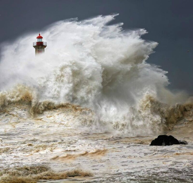 Lighthouse in Storm — Gray, Dramatic, Photograph, Wave