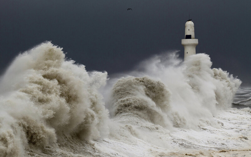Lighthouse in Storm — Gray, Dramatic, Photograph, Waves, Bird