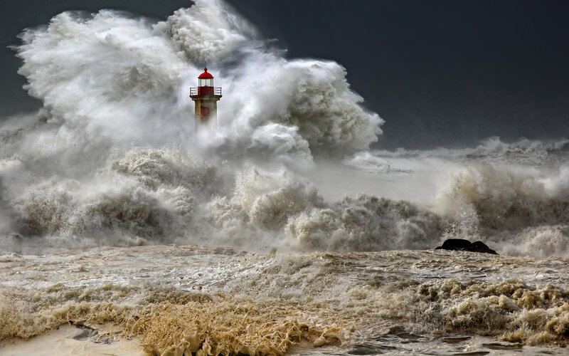 Lighthouse in Storm — Gray, Dramatic, Photograph, Waves, Ocean