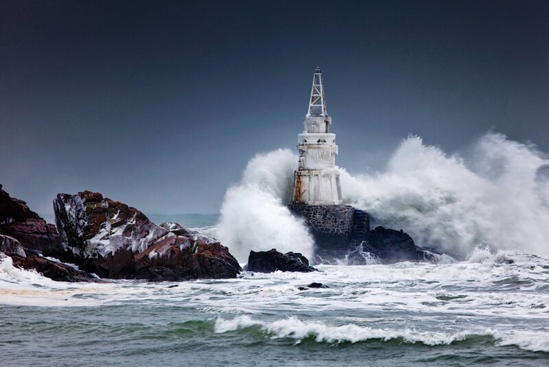 Lighthouse in Storm — Gray, Dramatic, Photograph, Waves, Rocks