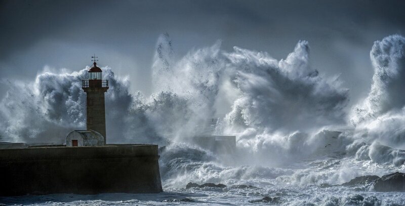 Lighthouse in Storm — Gray, Dramatic, Photograph, Waves, Sea, Sky, Rock