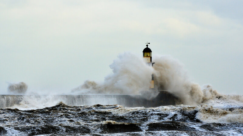 Lighthouse in Storm — Gray, Dramatic, Photograph, Waves, Sea