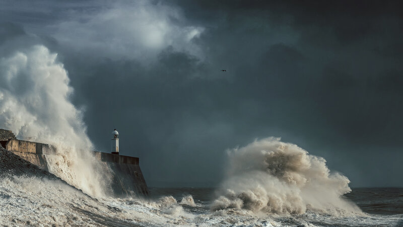 Lighthouse in Storm — Gray, Dramatic, Photograph, Waves, Seagull, Pier