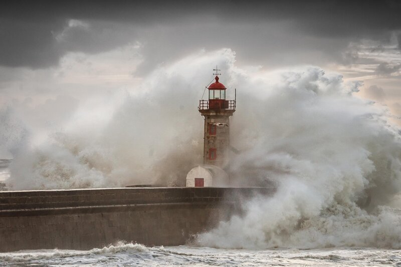 Lighthouse in Storm — Gray, Dramatic, Photograph, Waves, Seagull