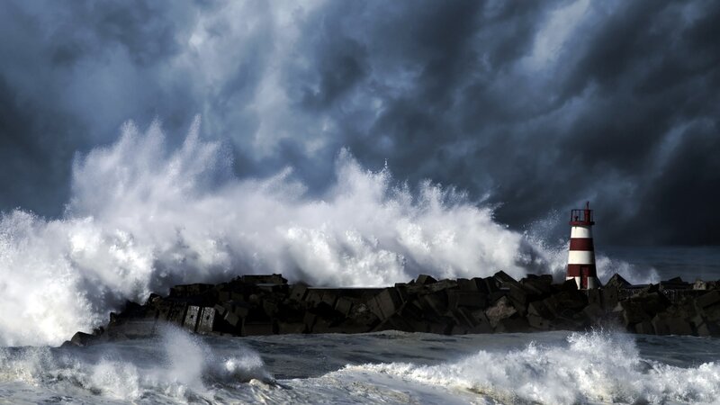 Lighthouse in Storm — Gray, Dramatic, Photograph, Waves