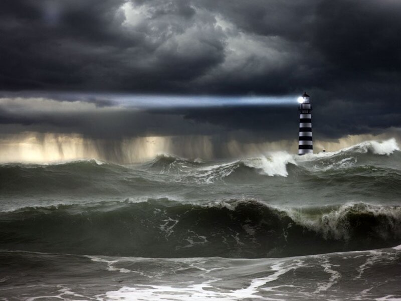 Lighthouse in Storm — Gray, Dramatic