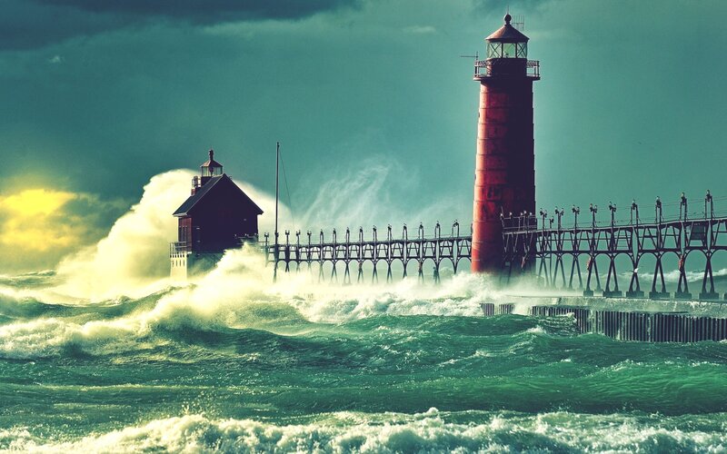 Lighthouse in Storm — Green, Dramatic, Afternoon