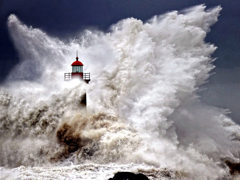 Lighthouse in Storm — White, Dramatic, Photograph