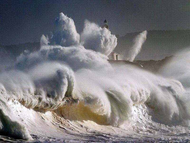 Lighthouse in Storm — White, Dramatic, Photograph, Waves, Sea, Cliffs