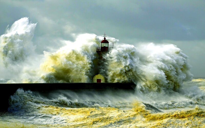 Lighthouse in Storm — White, Dramatic, Photograph, Waves, Sea, Sky